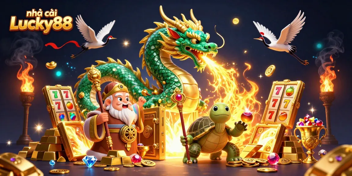 Play at nhà cái Lucky88, featuring a jade dragon and lucky elements, in a vibrant casino scene