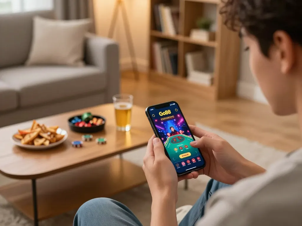 Tải Go88 app on smartphone in cozy home setting while enjoying online gaming experience.