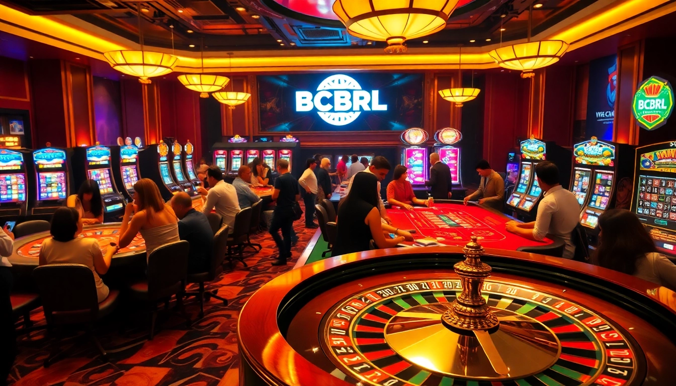 Vive la emoción de BCBRL en una mesa de casino de lujo con coloridas máquinas tragamonedas y fichas de póker.