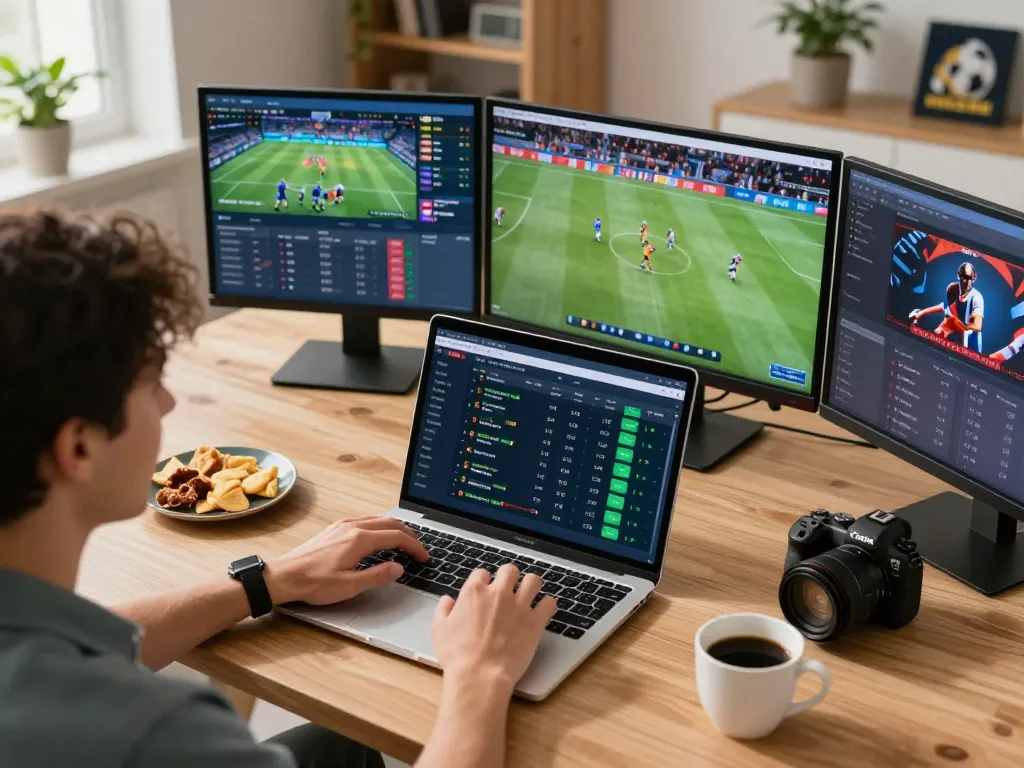 Người đang tận hưởng cược trực tuyến qua Link 12bet trong một không gian nhà sang trọng với nhiều màn hình.