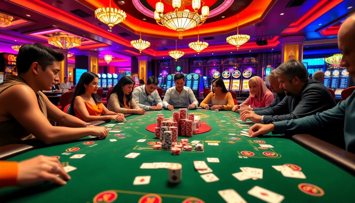 Engaged players at a vibrant casino table playing game đánh bài đổi thưởng in an exciting atmosphere.