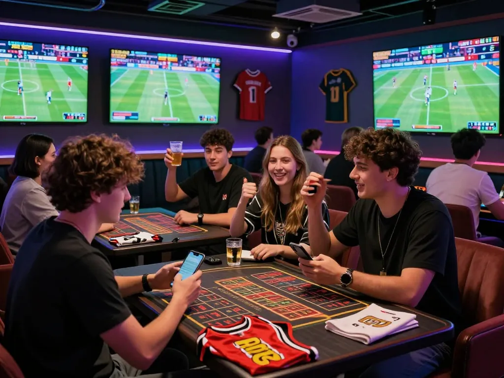 Exciting scene of young adults enjoying sports betting at a vibrant gambling lounge, featuring fabet odds and live games.