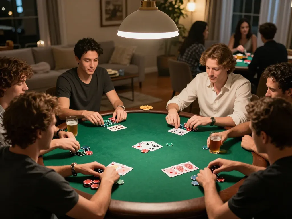 Engaging friends play poker at home emphasizing nhà cái qq88 gaming strategies.