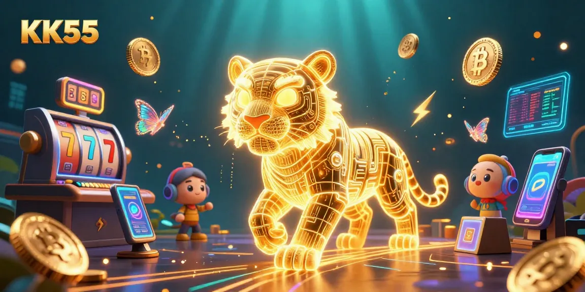Play exciting games at KK55 with a neon-wireframe tiger amidst colorful slots and crypto coins.