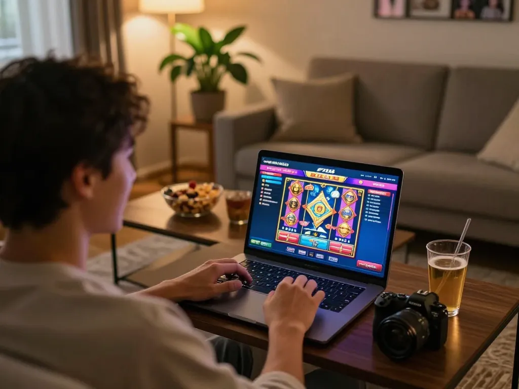 Player enjoying F168 casino games on a laptop at home, surrounded by snacks and drinks in a cozy setting.