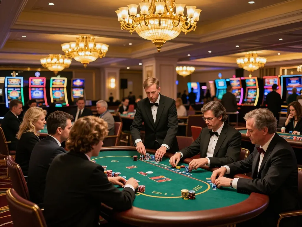 KP88 players engaging in high-stakes poker on an elegant casino floor, showcasing strategic gameplay and excitement.