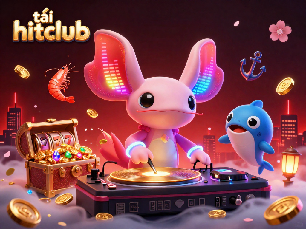 Experience the excitement of tải hitclub with a vibrant 3D casino illustration of an axolotl DJ and treasures.