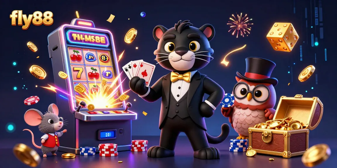 Experience the excitement of fly88 with a stylish black panther dealer in a casino scene filled with vibrant game elements.
