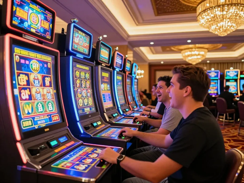 Players experience thrilling wins at LU88 bet's vibrant slot machine area, creating an exciting casino atmosphere