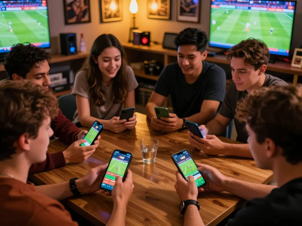 Friends enjoying sports betting with the f168 app, creating a lively gaming atmosphere