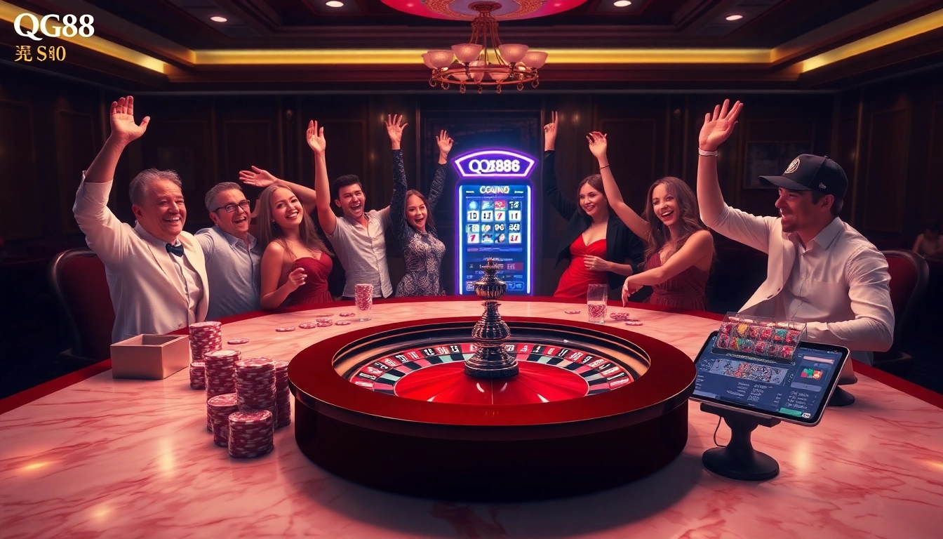 Experience the excitement of online gambling at Trang Chủ QQ88, featuring vibrant casino tables and immersive gaming elements.