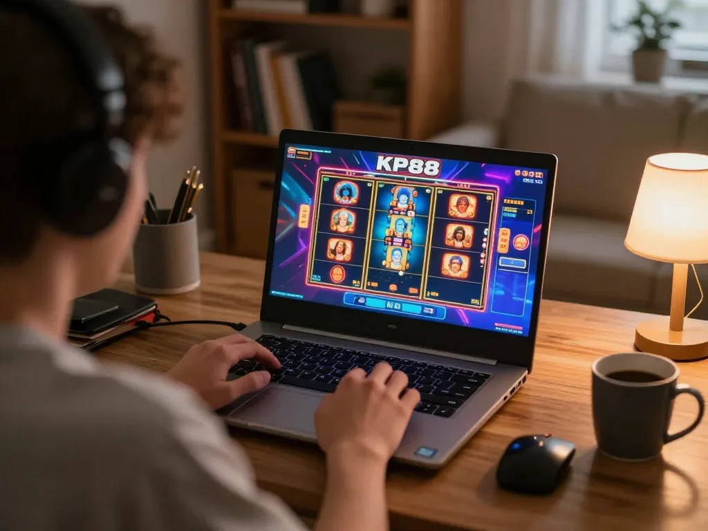Player engaging with KP88 online casino on their laptop, showcasing exciting gambling experience