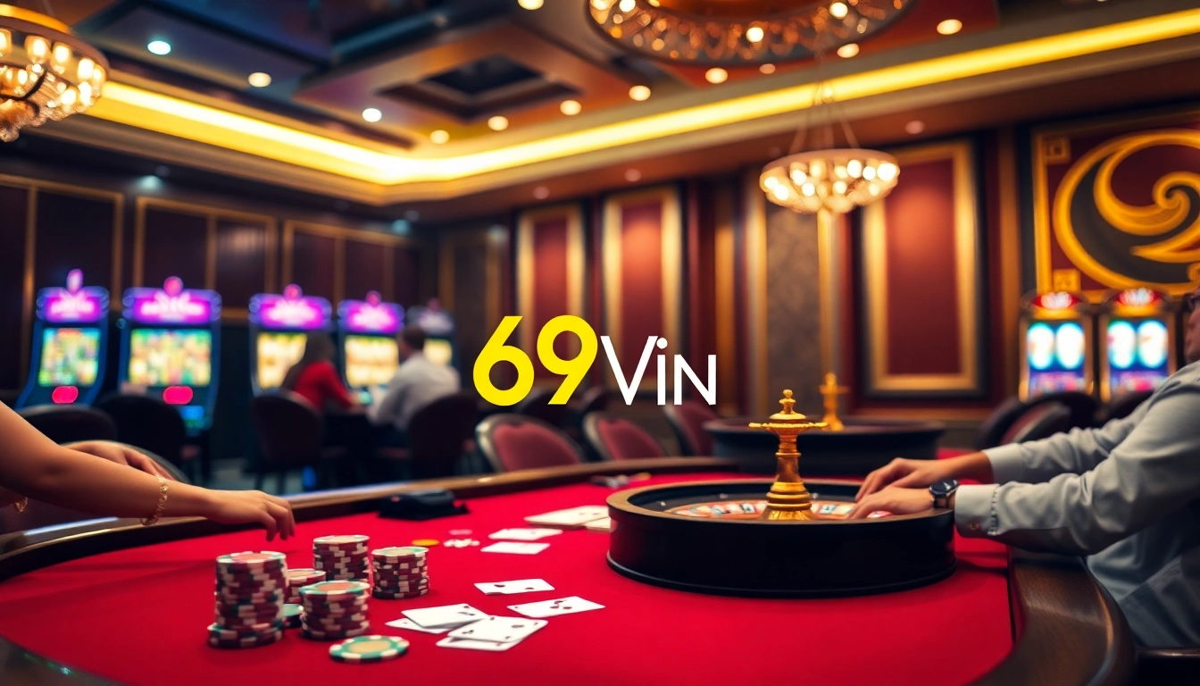 Engage in high-stakes poker at 69VN's luxurious casino venue with vibrant gaming elements.