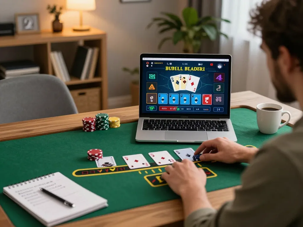 Player immersed in online blackjack at home, showcasing NHÀ CÁI 88AA gaming interface and strategic notes