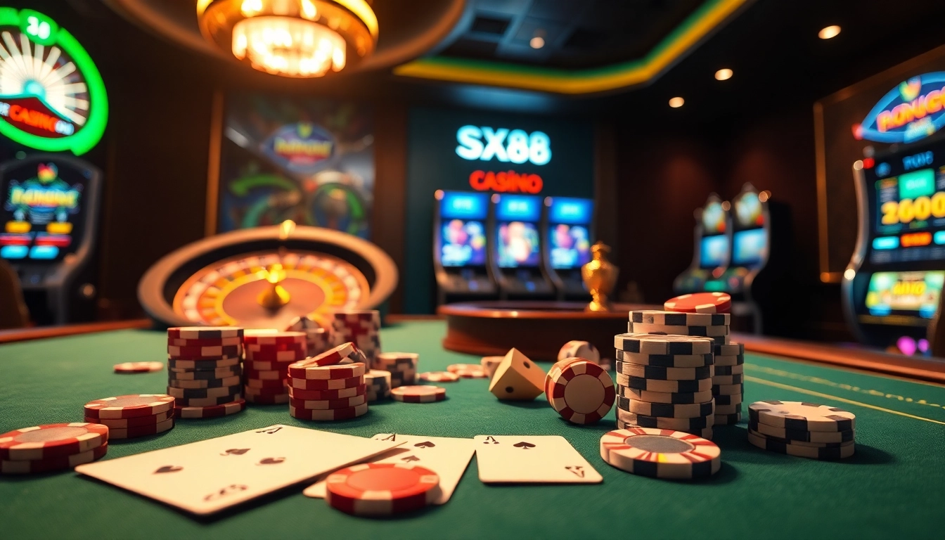 SX88-style poker chips and cards add luxury to an engaging casino atmosphere.