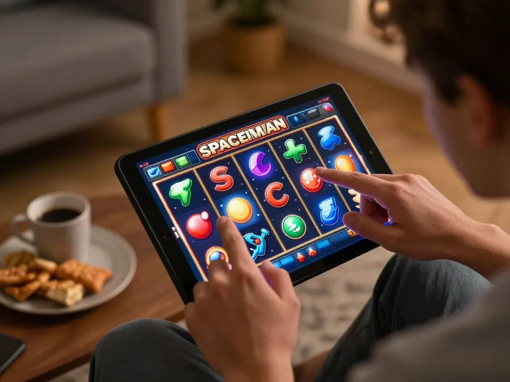 Engaging gameplay on mobile app showcasing slot spaceman spinning colorful reels in a cozy home setting.