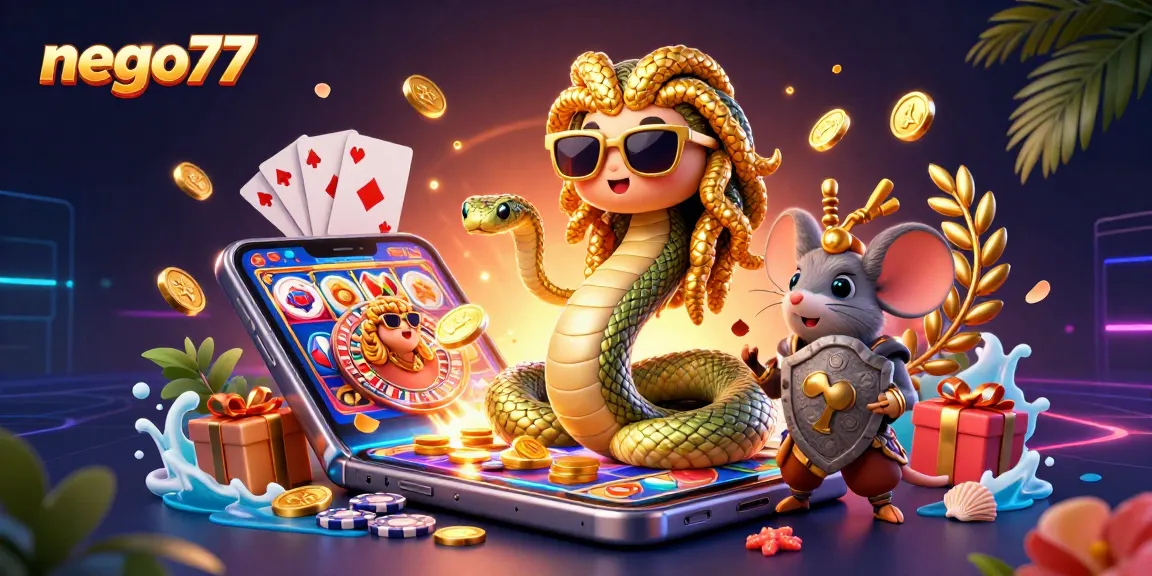 Nego77 showcases an engaging scene with Medusa and characters featuring vibrant slot game elements.