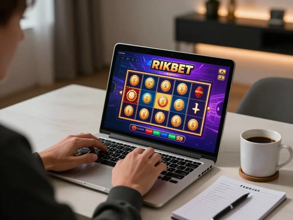 Player engaged in RIKBET slot game at home, showcasing strategic and fun atmosphere.