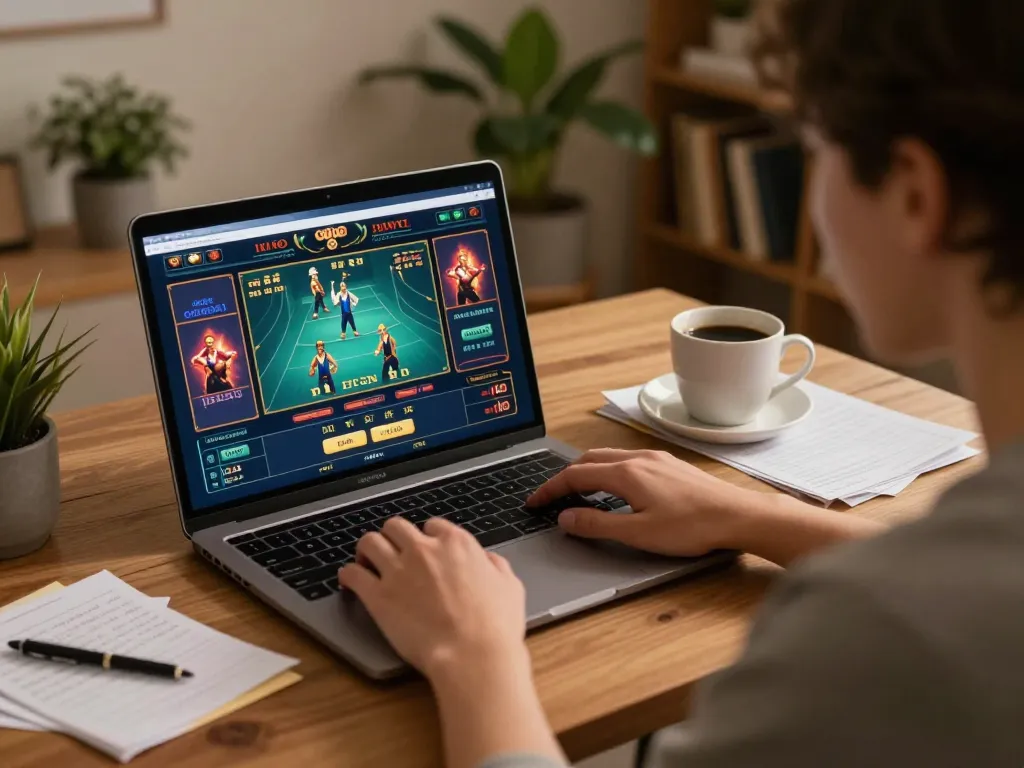 Engaging in online gaming with the Link Resmi Parlay Golbos displayed on the screen, enhancing player experience in a cozy setting