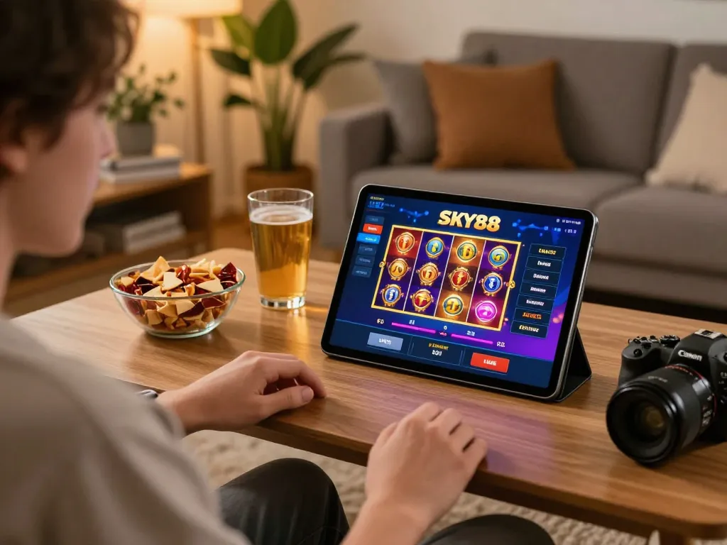 Engaging in SKY88 bet online gaming experience at home with vibrant tablet display and cozy atmosphere.