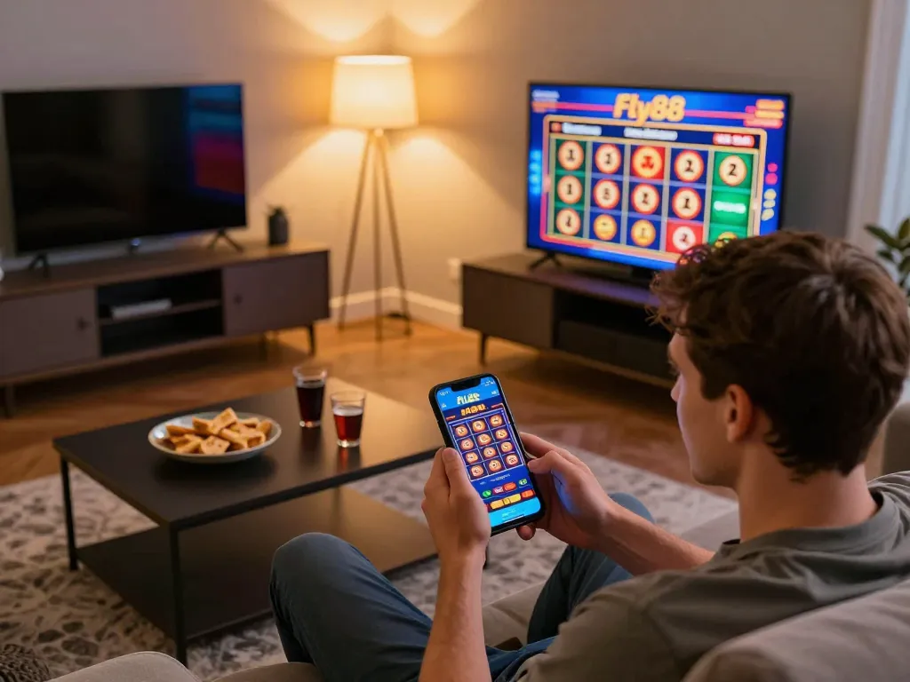 Player enjoying online gaming with the fly88 app on their smartphone, highlighting responsible gambling.