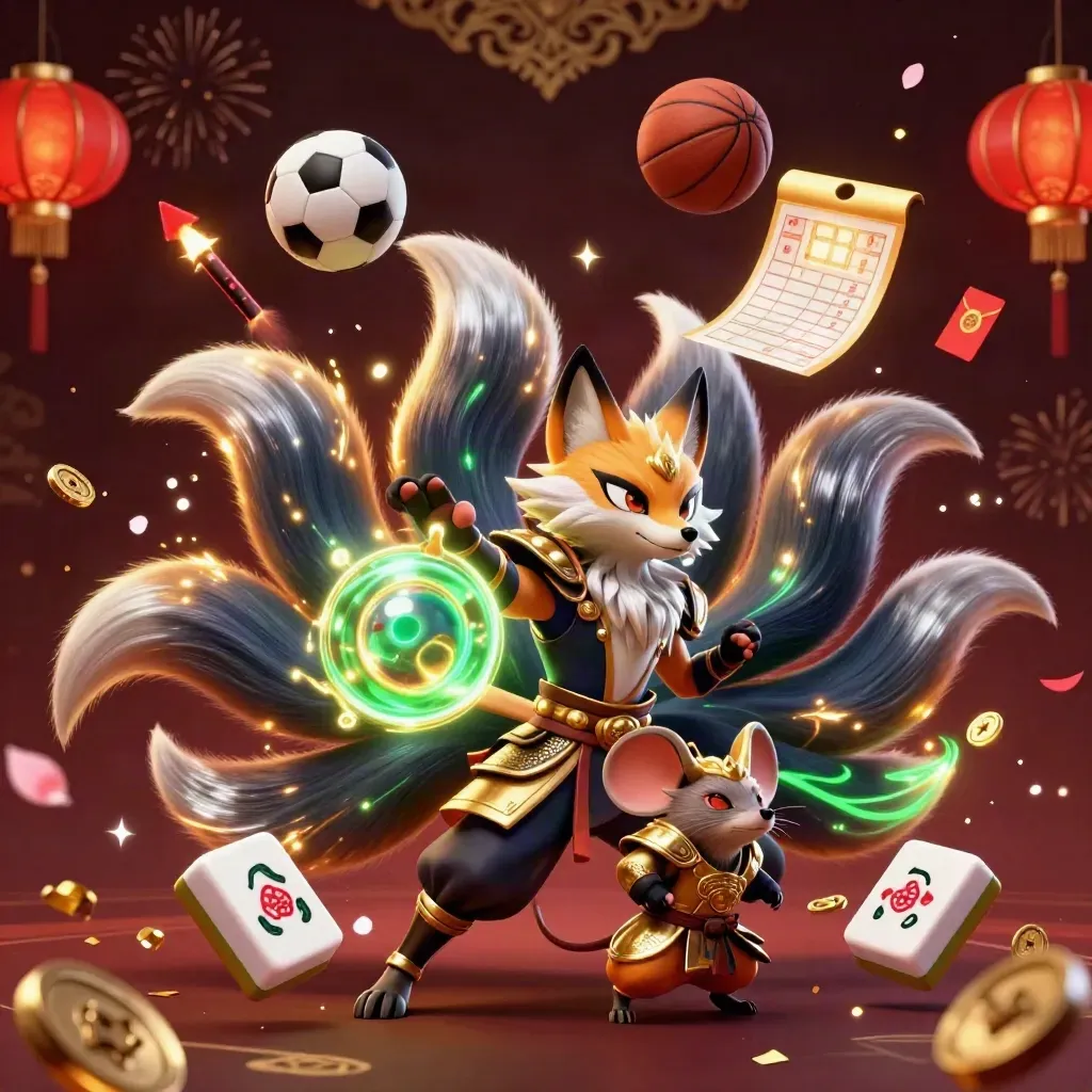 Neon fox spirit and samurai mouse amid sports balls, casino charms, gold confetti, and fireworks.