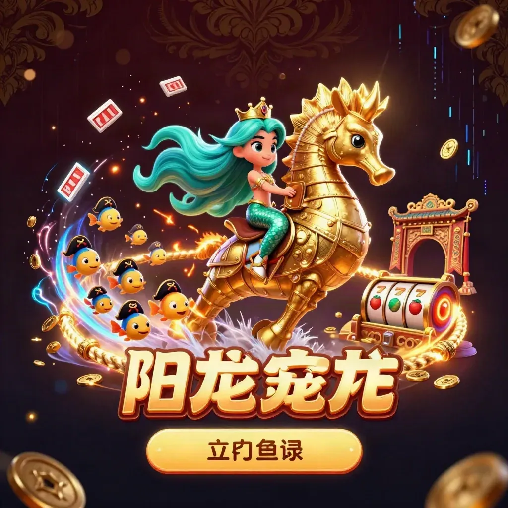Mermaid princess on armored seahorse with pirate fish, casino magic, coins, reels, and glowing temple gate.