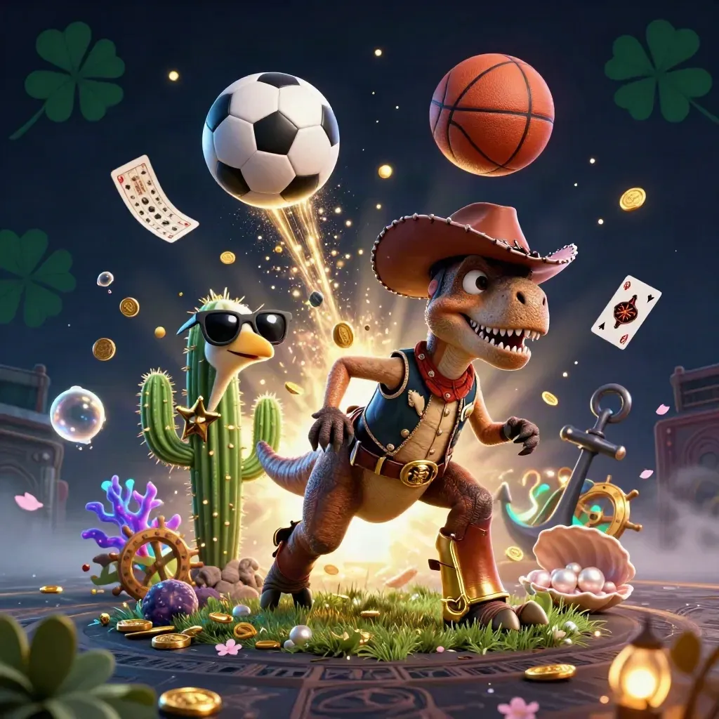Cowboy T-Rex, cactus sidekick and roadrunner in a gold-lit treasure-cove sports burst