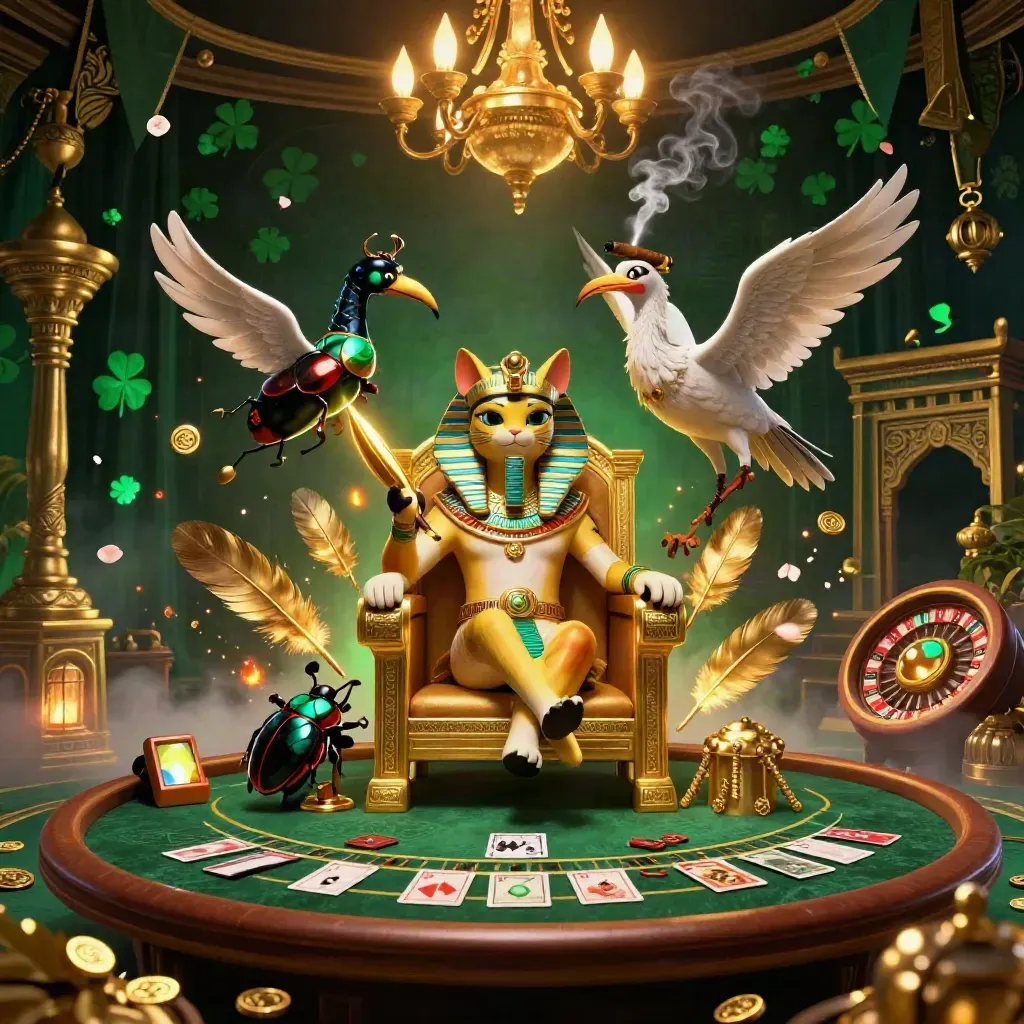 Pharaoh cat, ibis scribe, and gem-wing scarabs in a luxe casino scene with gold and green glow.