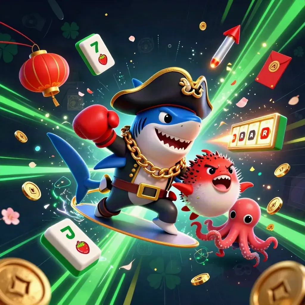 Pirate shark, boxing pufferfish, and juggling octopus amid gold coins and neon casino effects.
