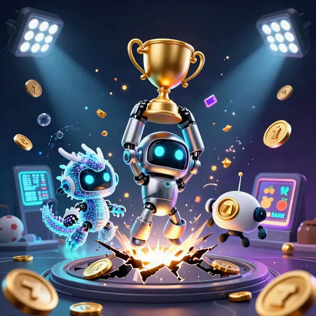 Chrome robot, AI dragon, and coin drone amid sports balls, trophy, coins, and neon bursts.