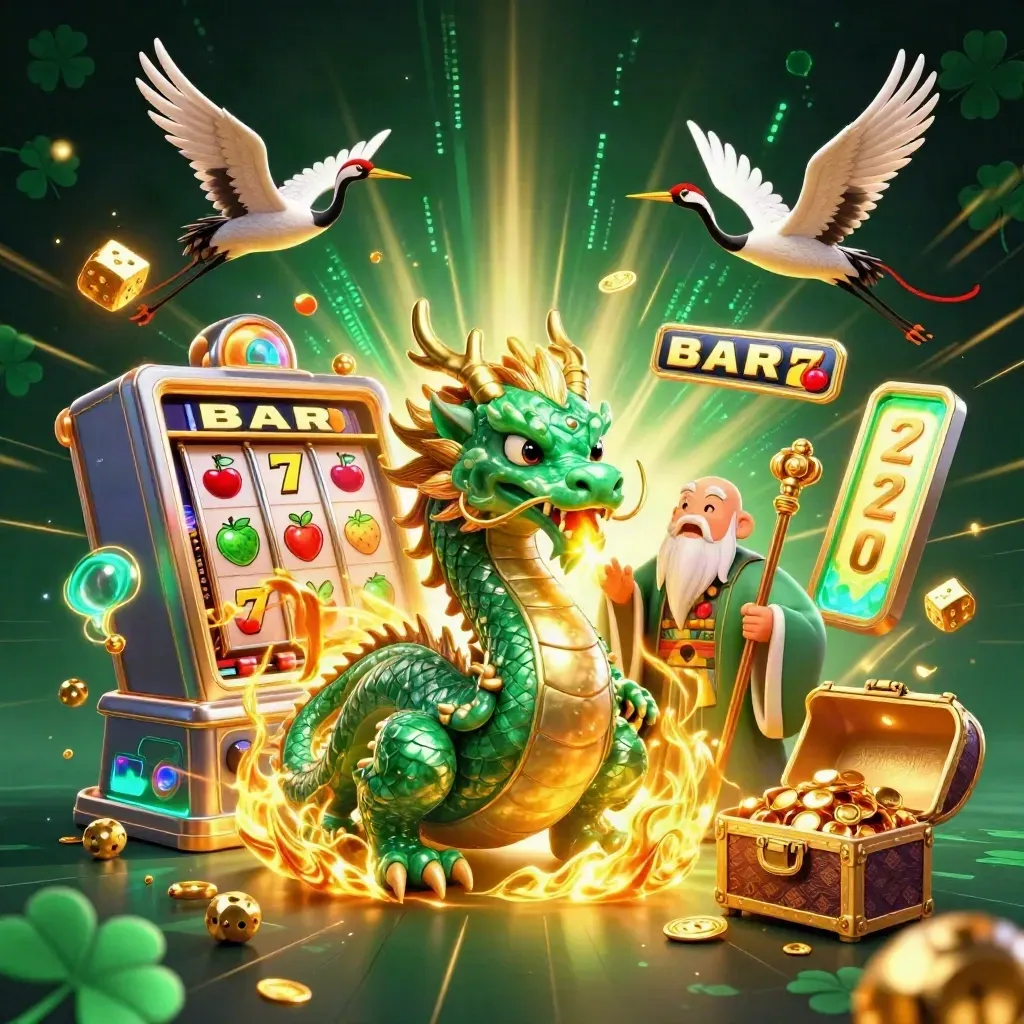 Emerald dragon, turtle sage, cranes, and slot treasure bursting on a dark casino backdrop.