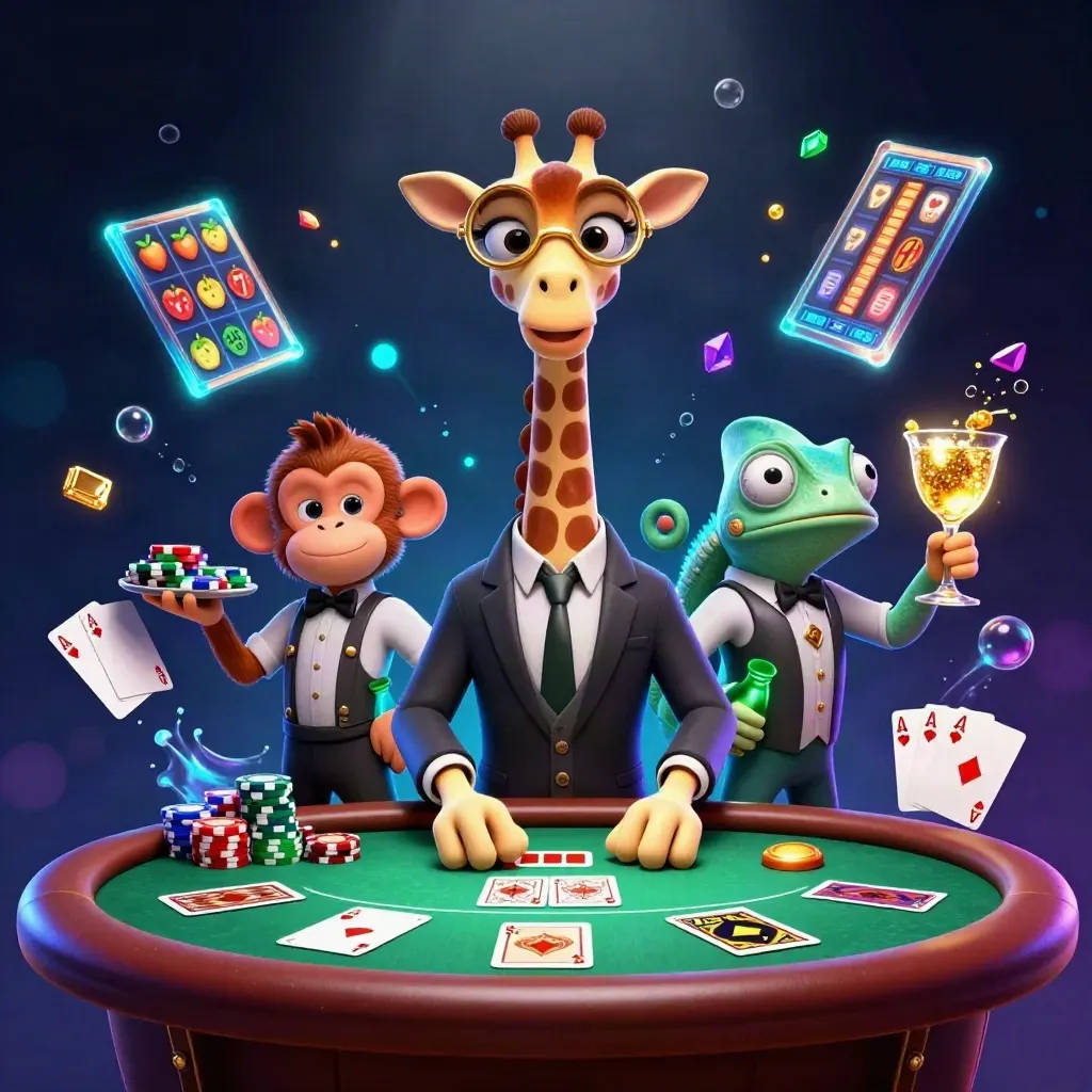 Giraffe, monkey, and chameleon around a glowing casino poker table with chips and cards.