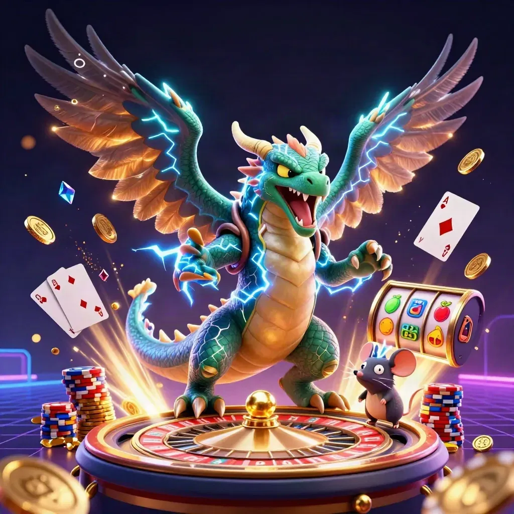 Thunder dragon, wind hawk, and thunder-mouse amid coins, gems, roulette wheel, chips, and neon effects.