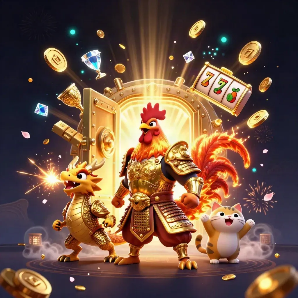 Rooster warrior, dragon hatchling, and fortune cat burst from a golden vault with coins and fireworks