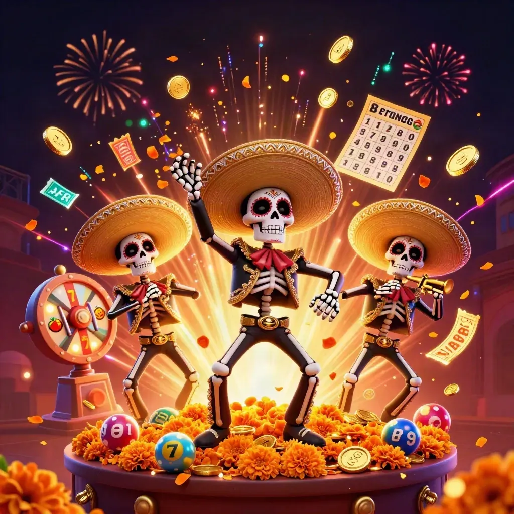 Day-of-the-Dead skeleton mariachi trio amid exploding gold coins, reels, fireworks, and treasure glow.