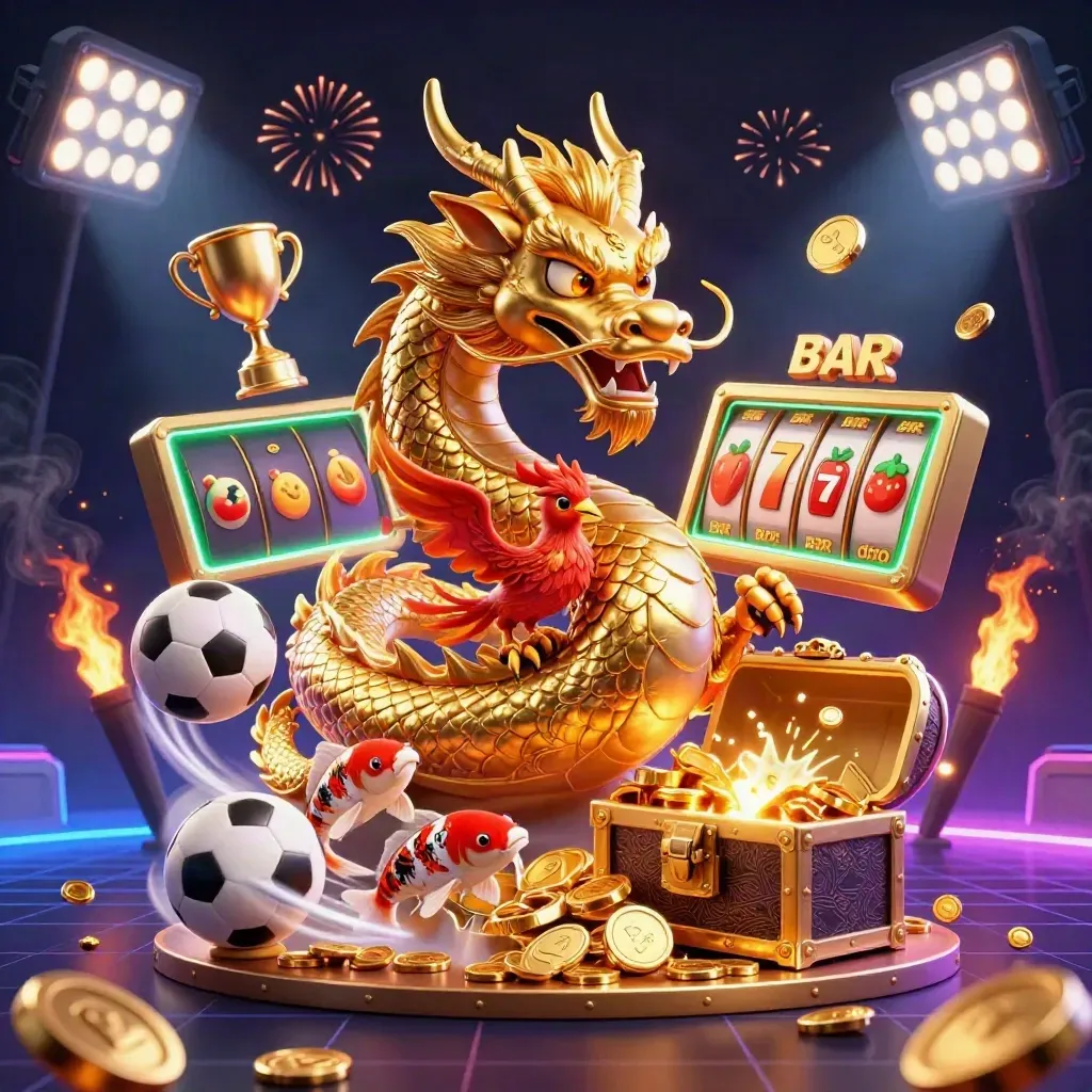 Golden dragon, phoenix, koi, coins, slots, trophies and sports balls burst in neon casino light.