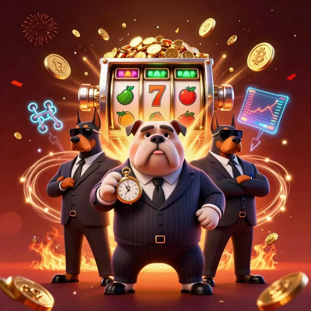 Bulldog mafia boss and Doberman guards amid gold coins, crypto coins, and fireworks.