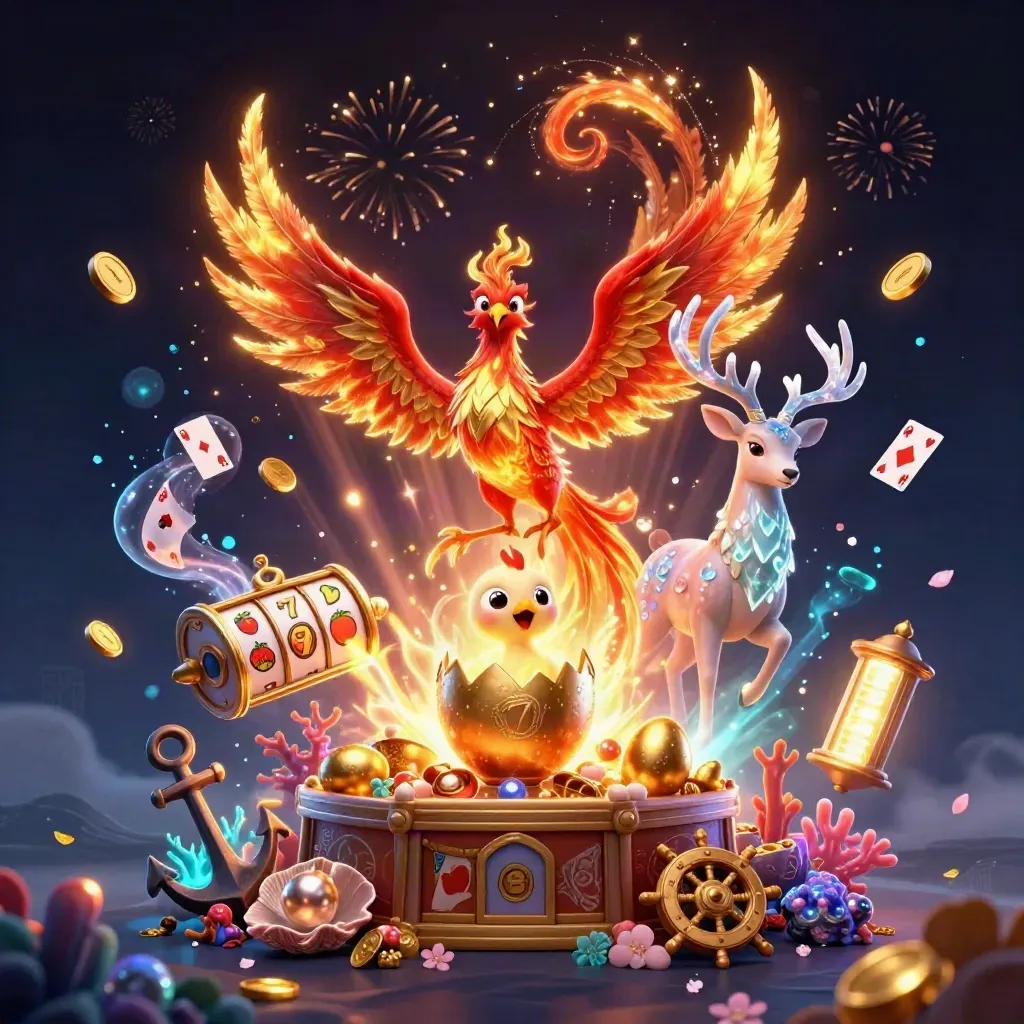 Phoenix trio over treasure cove with gold coins, slots, and casino magic