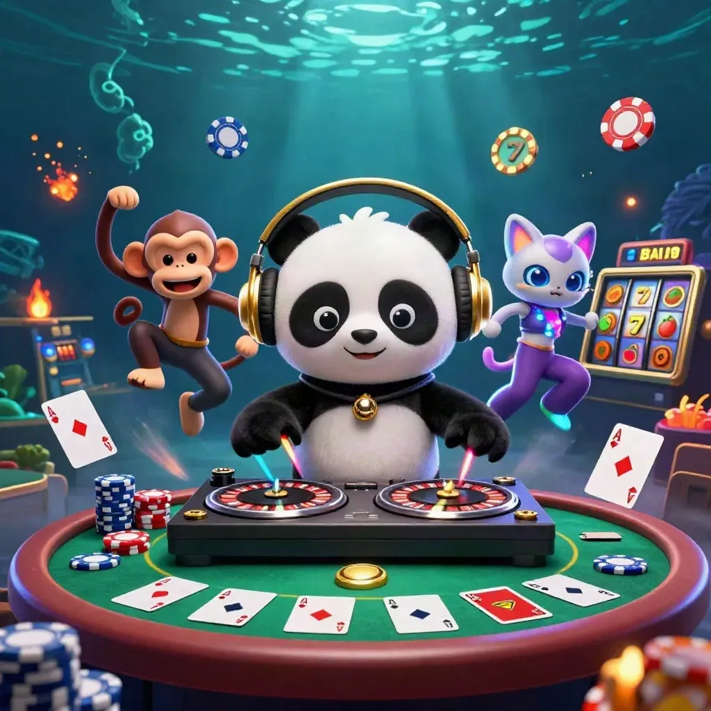 DJ panda, monkey, and kitten amid casino chips and roulette wheels in neon underwater light.