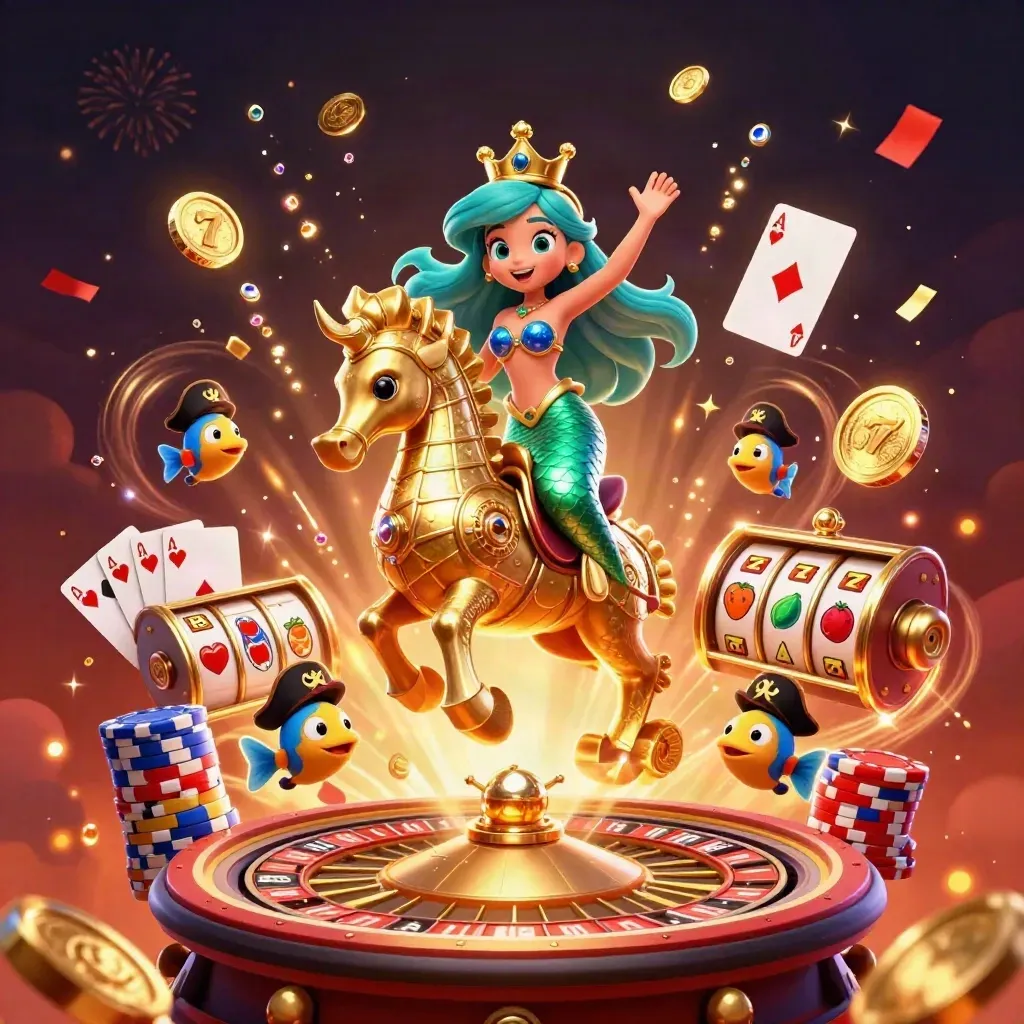 Mermaid princess on armored seahorse amid coins, chips, cards, reels, and pirate fish in casino glow.