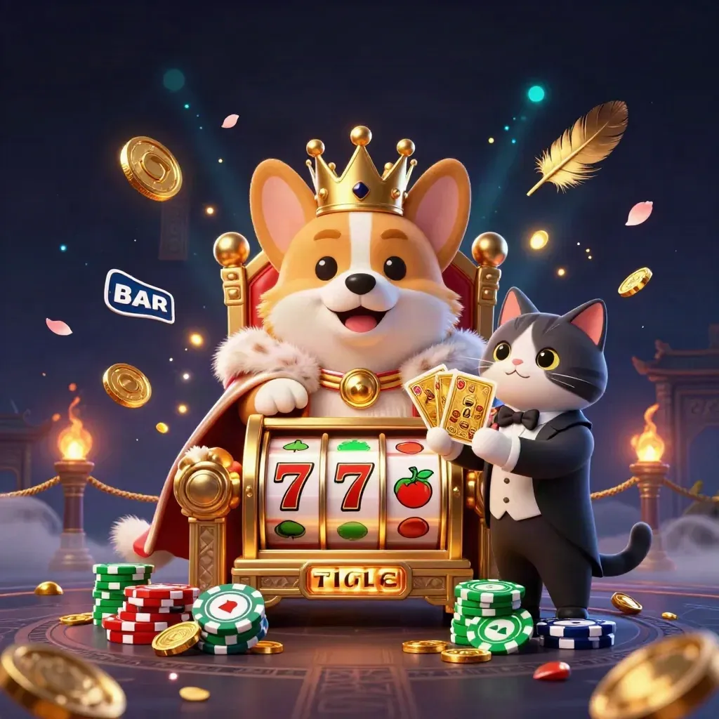 Crowned corgi and cat butler on chip throne amid gold coins, reels, temple gate, glowing effects