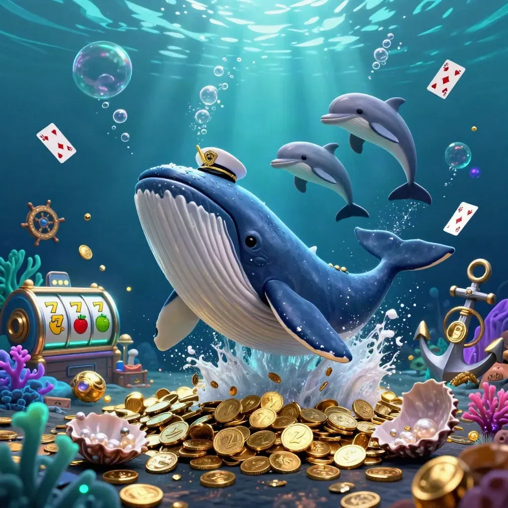 Whale captain, narwhal, and dolphins amid coins, slots, coral, and glowing underwater treasure.