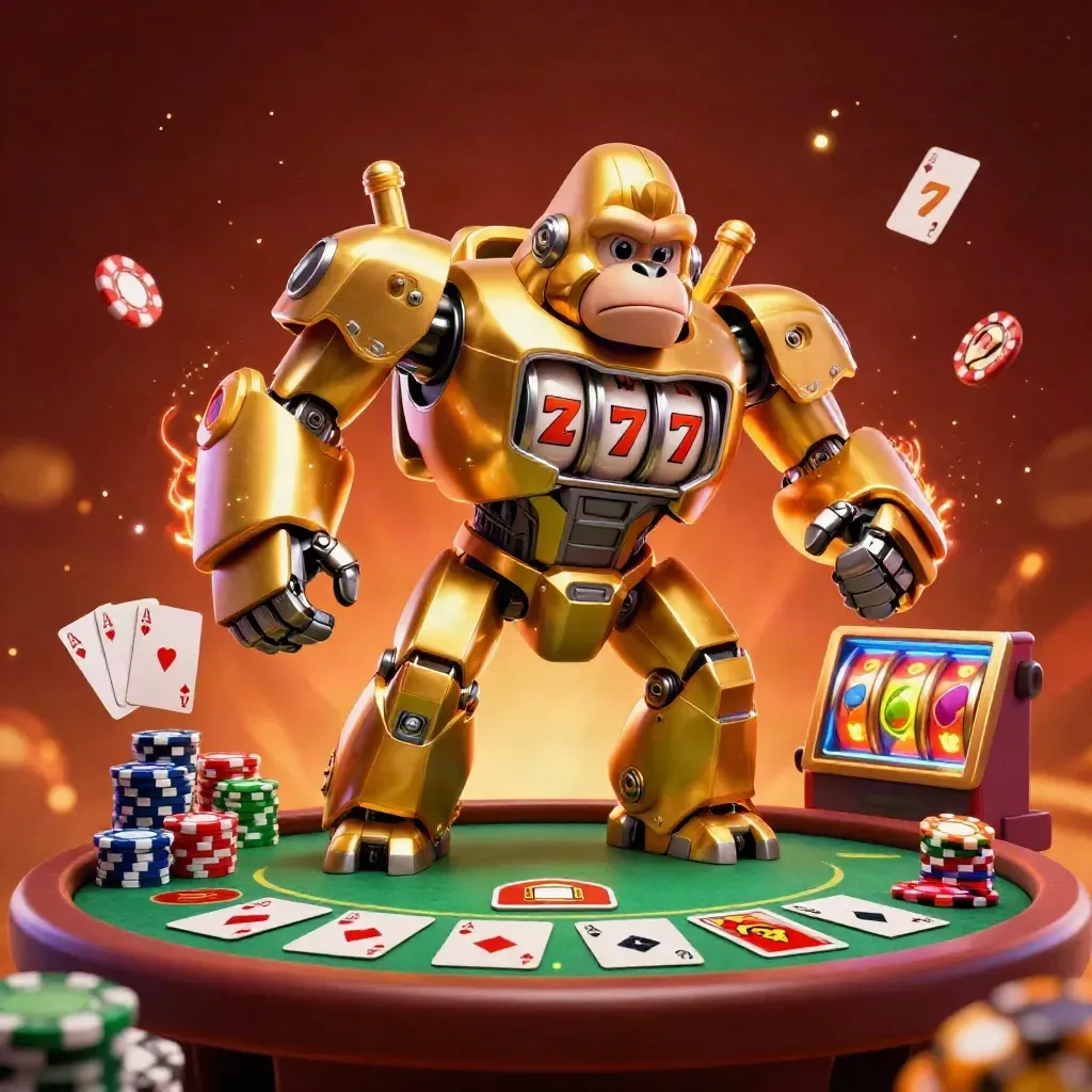 Golden gorilla slot mech with tiny monkey pilot amid chips, cards, sparks, and neon glow.