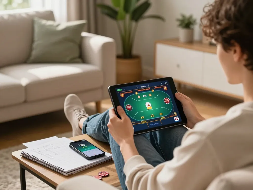 Engaged player enjoying Go 99 online casino game on tablet in cozy home setting.