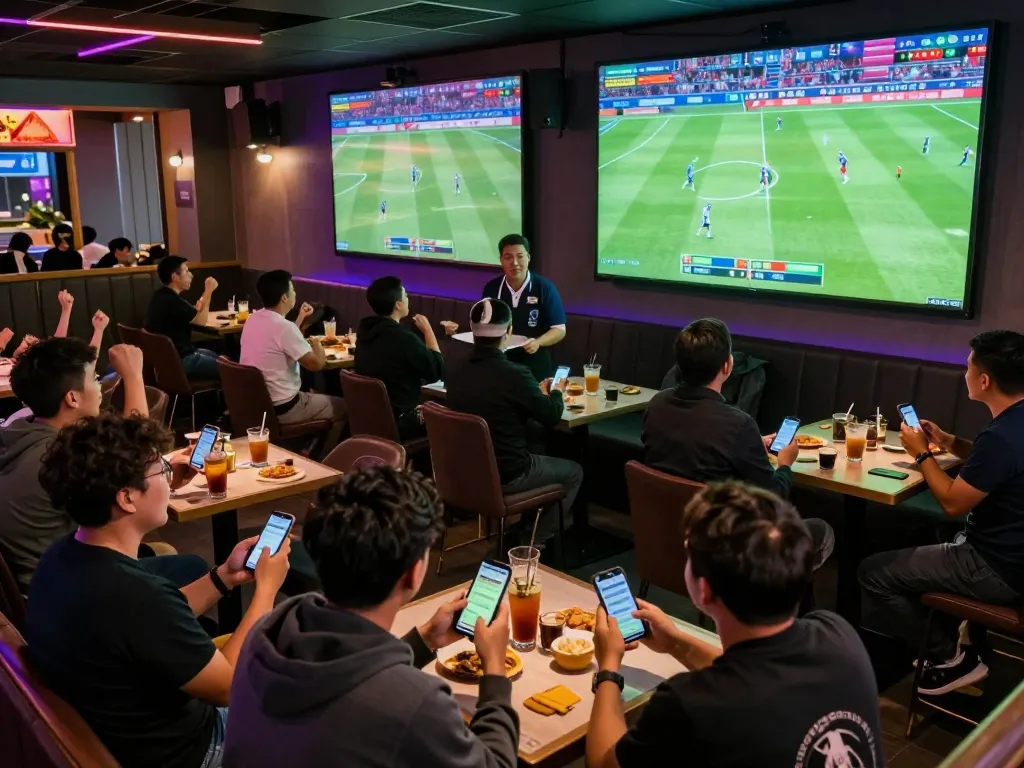 Engage in xem bóng đá trực tuyến at a lively sports bar, fans cheering as they watch the game and place bets.