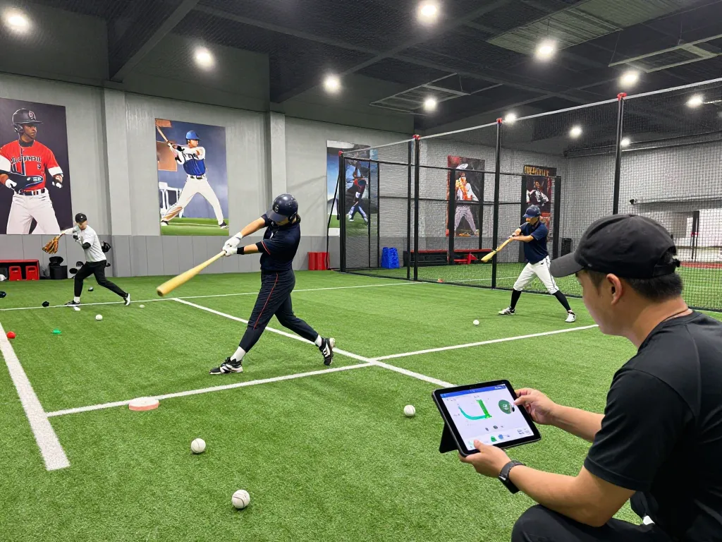 Hitclub athletes training hard with bats and gloves in a modern baseball facility.