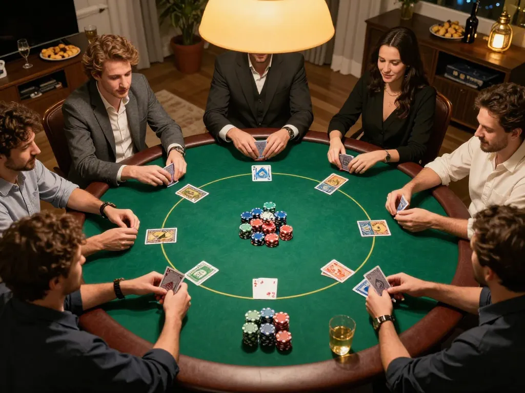 Players engaging in a strategic poker game at home, showcasing OPEN 88 chips and community cards.