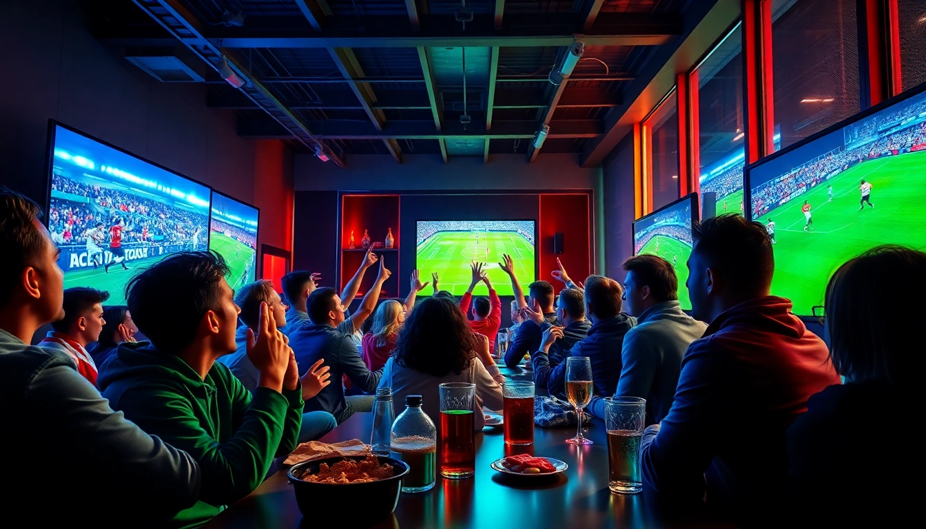 Football fans enjoying live streaming on https://socolive.network/ in a dynamic, vibrant atmosphere.