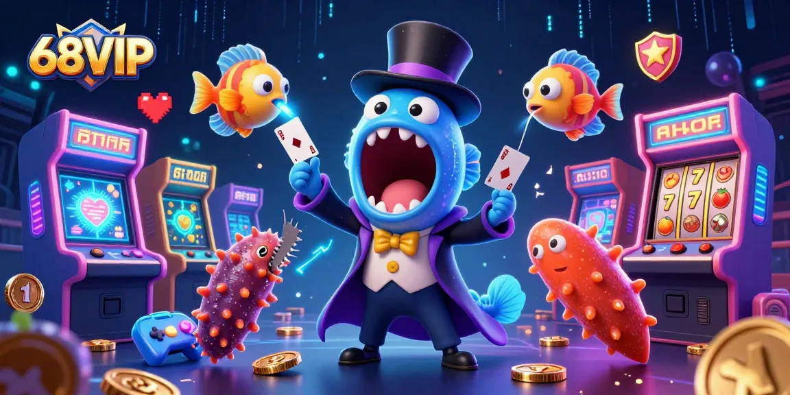 Engage with 68VIP's interactive casino scene featuring vibrant characters performing dazzling magic tricks.